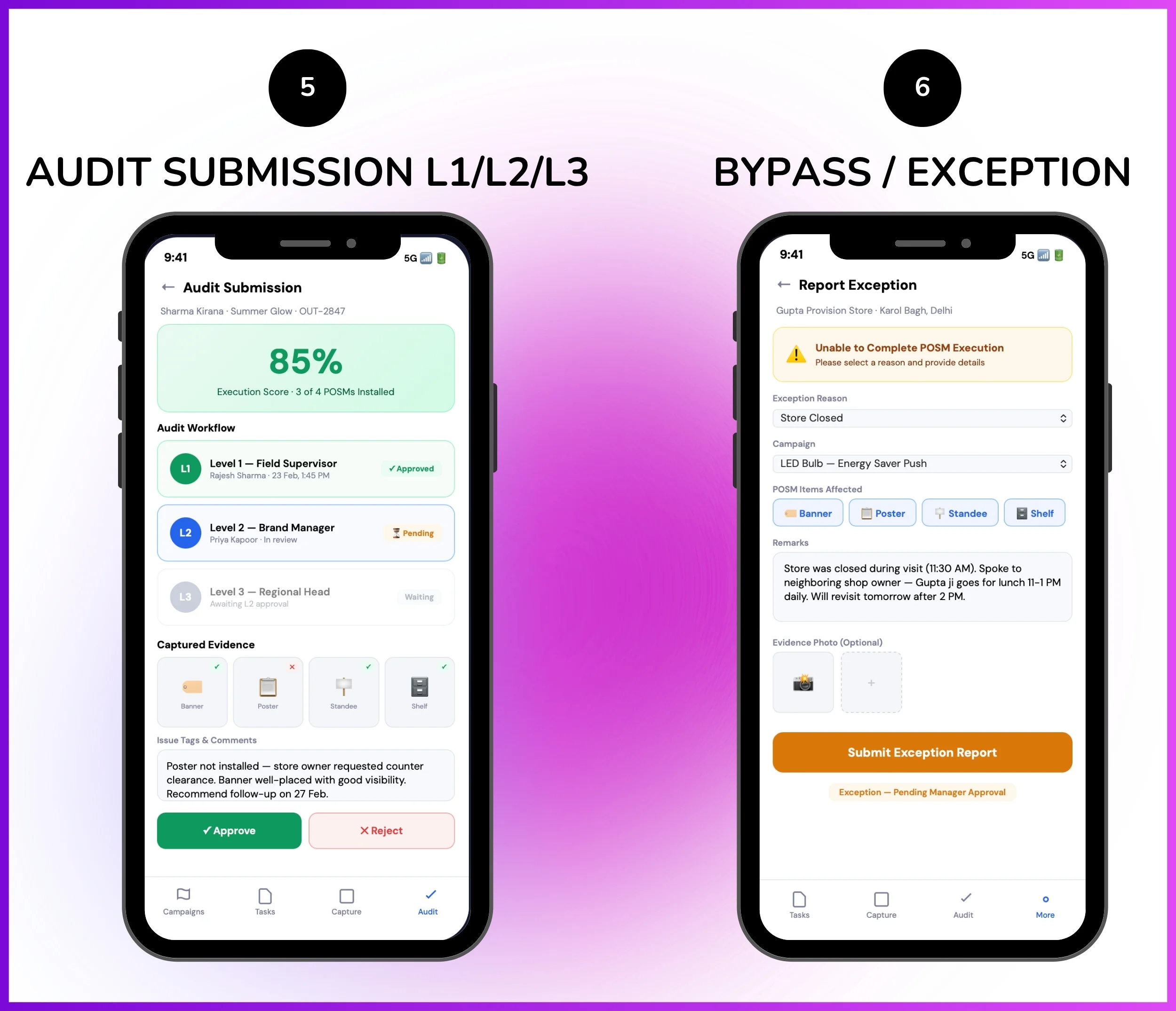 Audit submission with L1 L2 L3 bypass and exception mobile screen