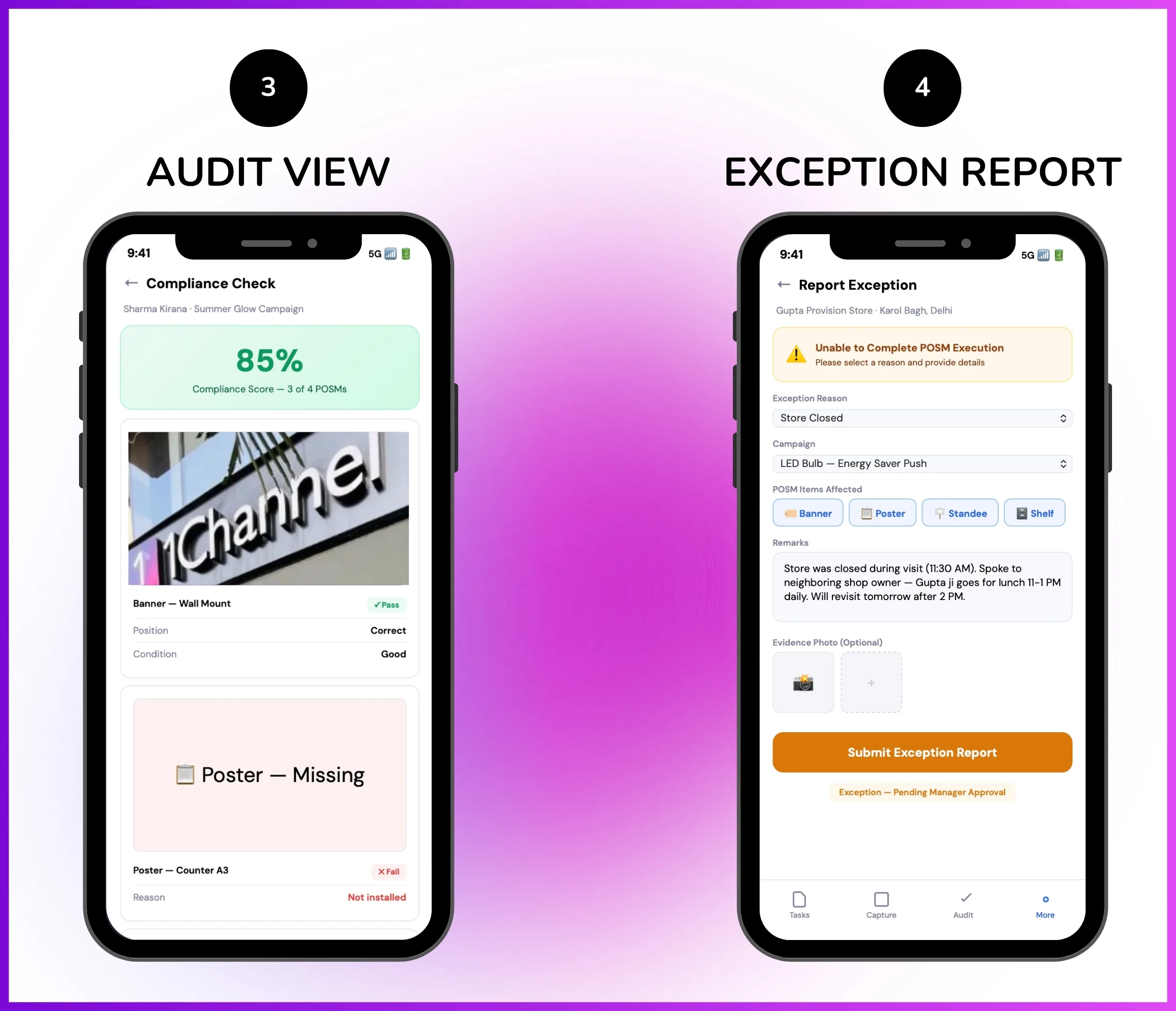 Audit view and exception report mobile screen