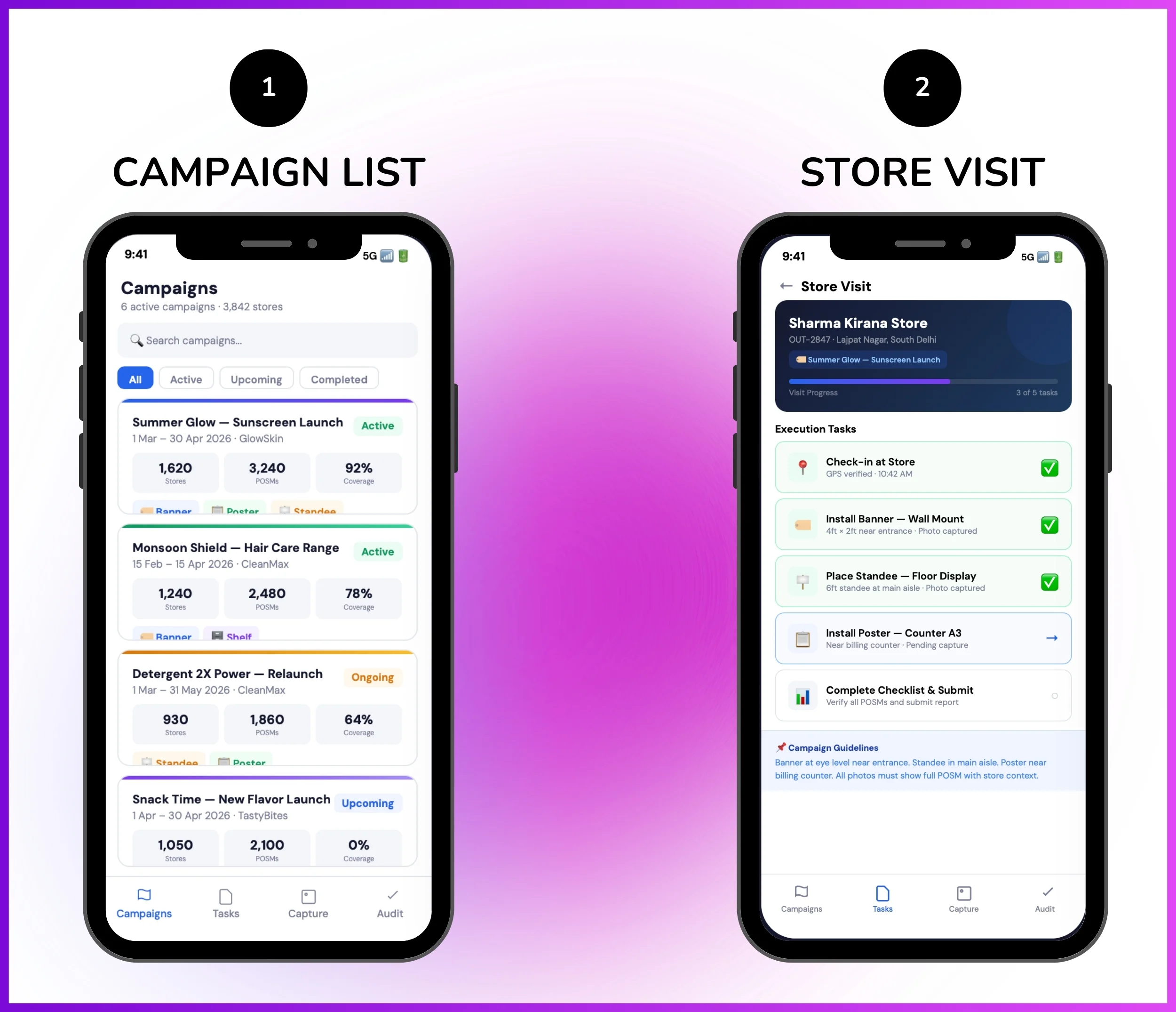Campaign list and store visit mobile screen
