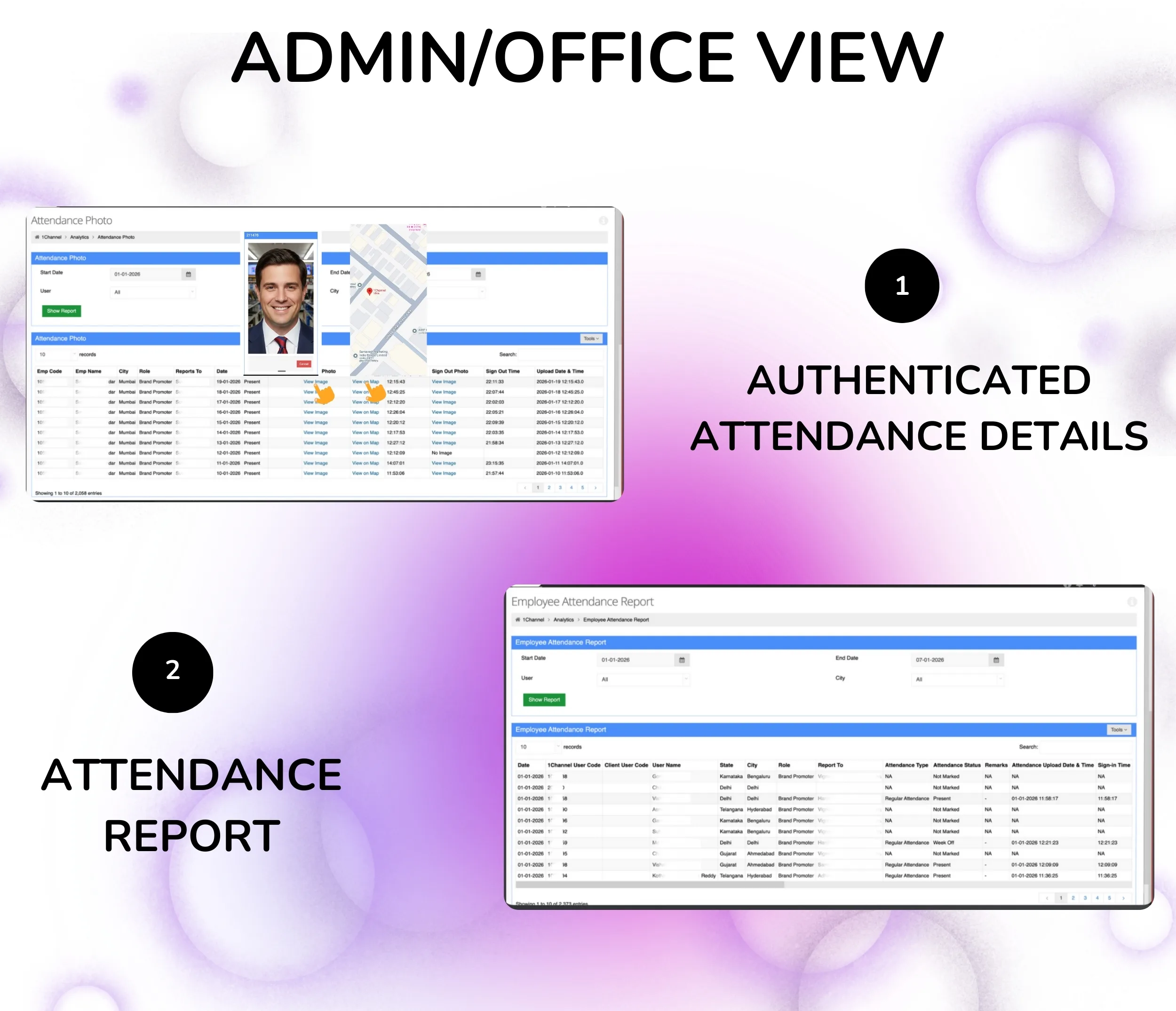 Attendance dashboard with employee status overview