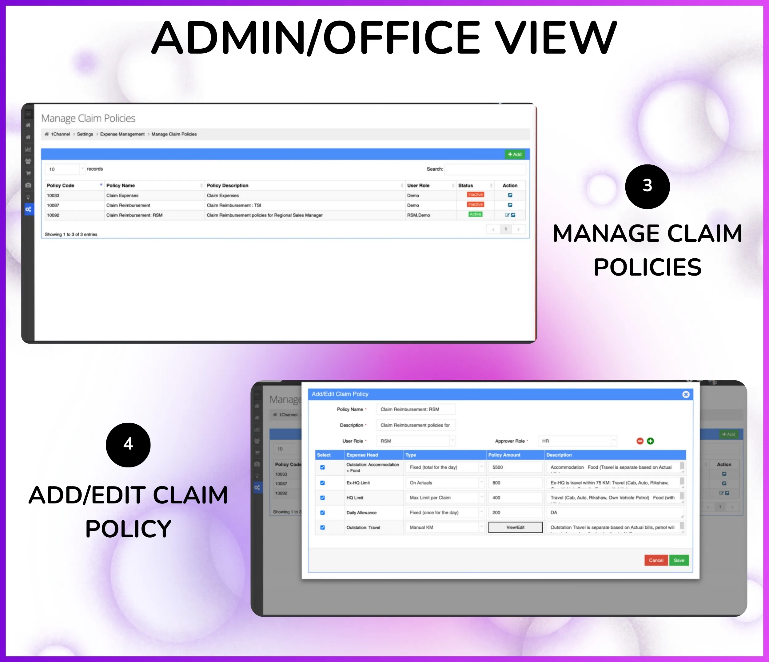 Expense claim submission screen
