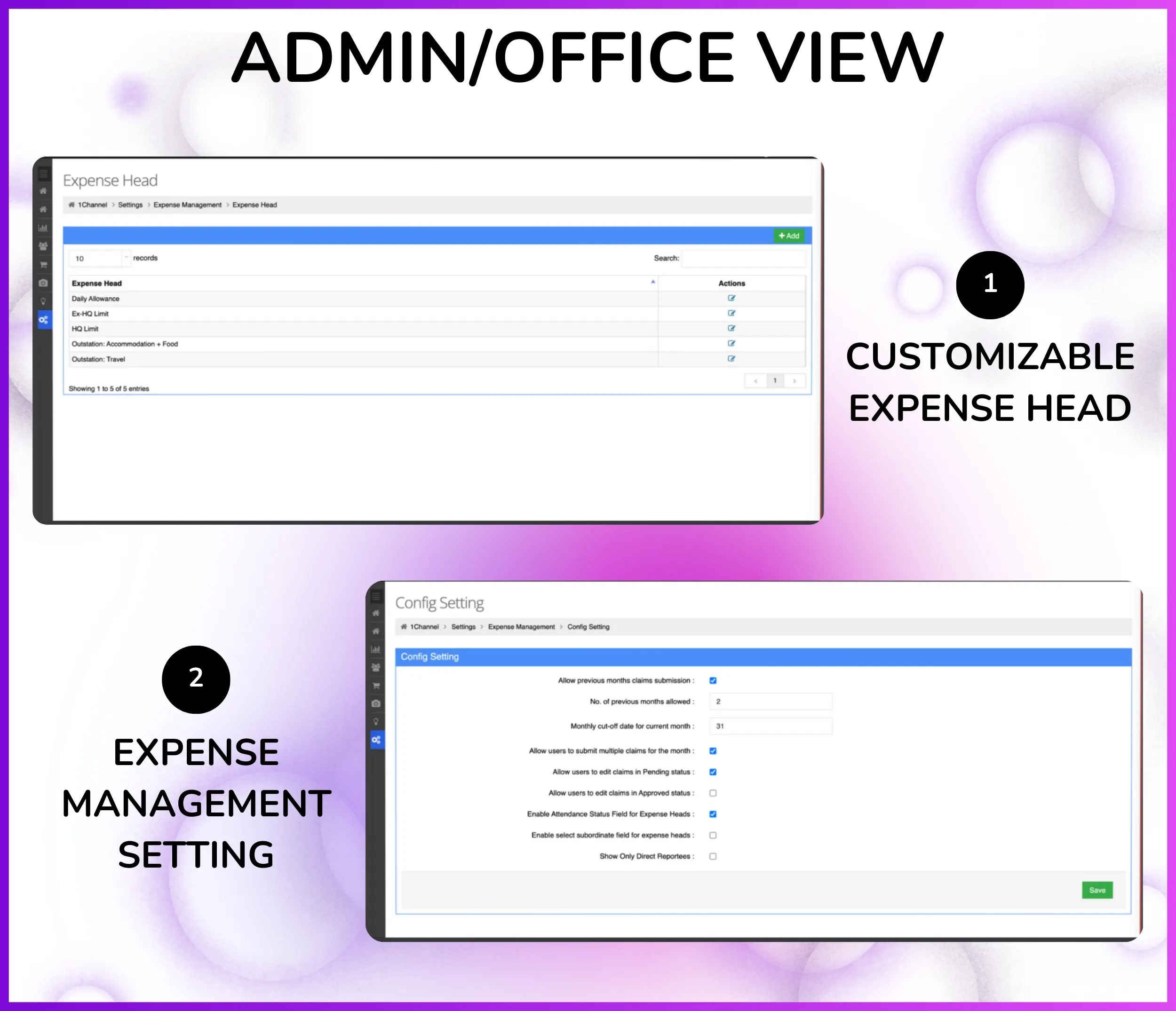 Expense heads configuration panel