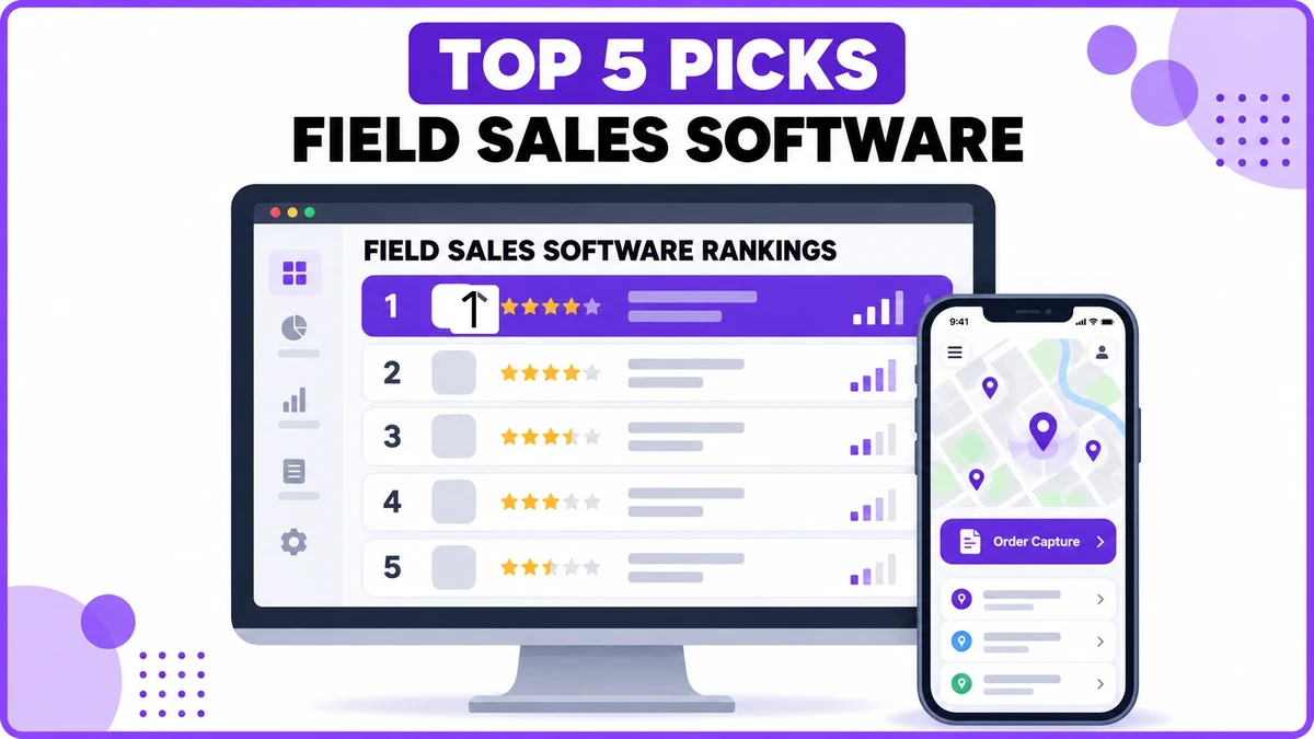 Flat illustration of a software dashboard titled Field Sales Software Rankings showing five ranked vendor rows with star ratings, next to a phone screen showing a mobile order capture app, under a Top 5 Picks Field Sales Software headline.