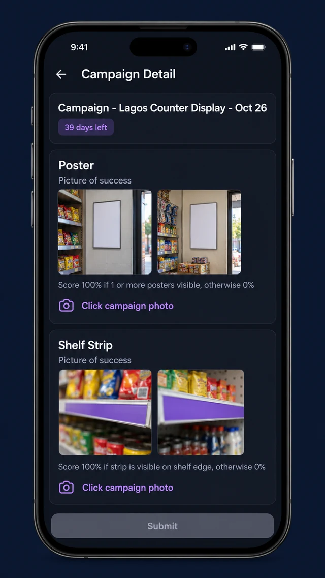 Mobile app screenshot of a campaign detail screen showing picture of success thumbnails, a scoring rule and a locked submit button.