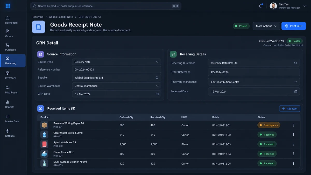 Desktop dashboard screenshot of a goods receipt note screen showing source and receiving details, and an items table with ordered quantity, received quantity, batch and status columns.