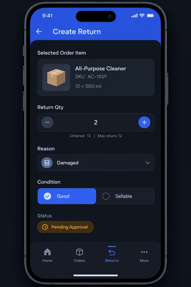 Mobile app screenshot of a return request screen showing selected line items, return quantity, a damaged reason, and a pending approval status.