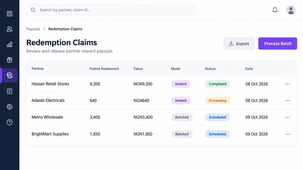 Desktop dashboard screenshot of a redemption claims screen showing partner, points redeemed, value, payout mode and status columns with instant and batched pills.