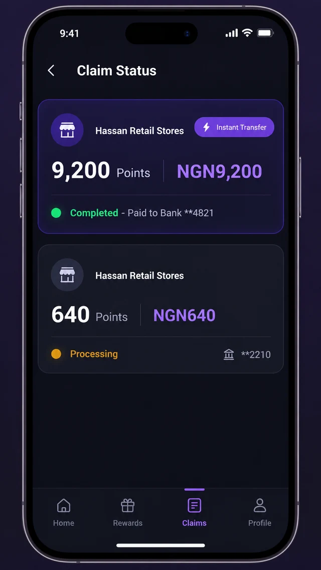 Mobile app screenshot of a claim status screen showing a completed instant transfer with a masked bank account and a second claim still processing.