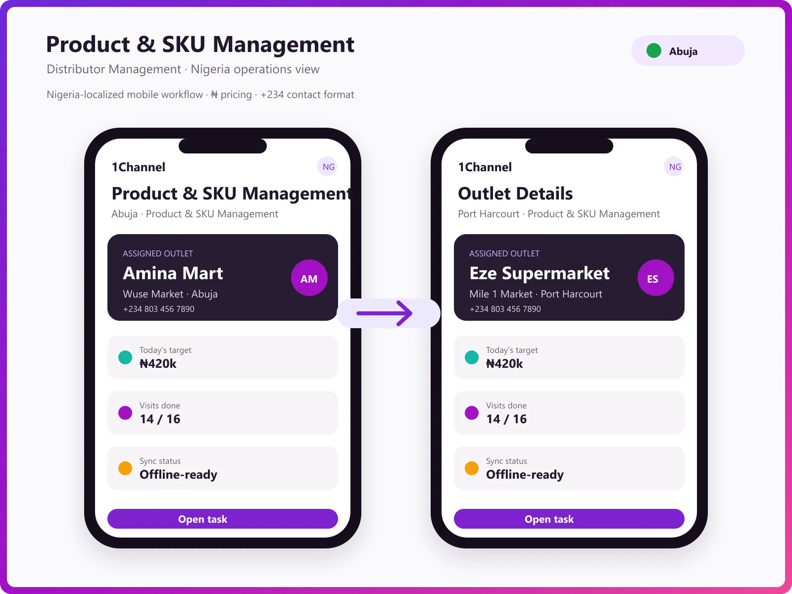 SKU management software mobile app showing product catalogue, order placement, and stock visibility
