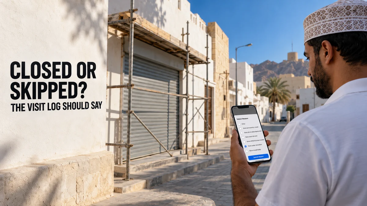 Photograph of a Muscat street where a baqala's roll-down shutter is closed behind scaffolding, with an Omani field merchandiser holding a phone that shows a Select Reason list, beside the headline Closed or Skipped? The visit log should say.