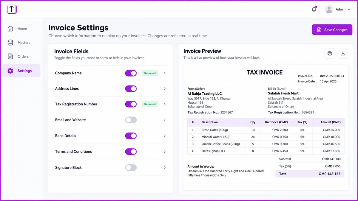 Software dashboard screenshot of the Invoice Settings screen with field toggles on the left and a live tax invoice preview on the right, showing OMR line items and totals.