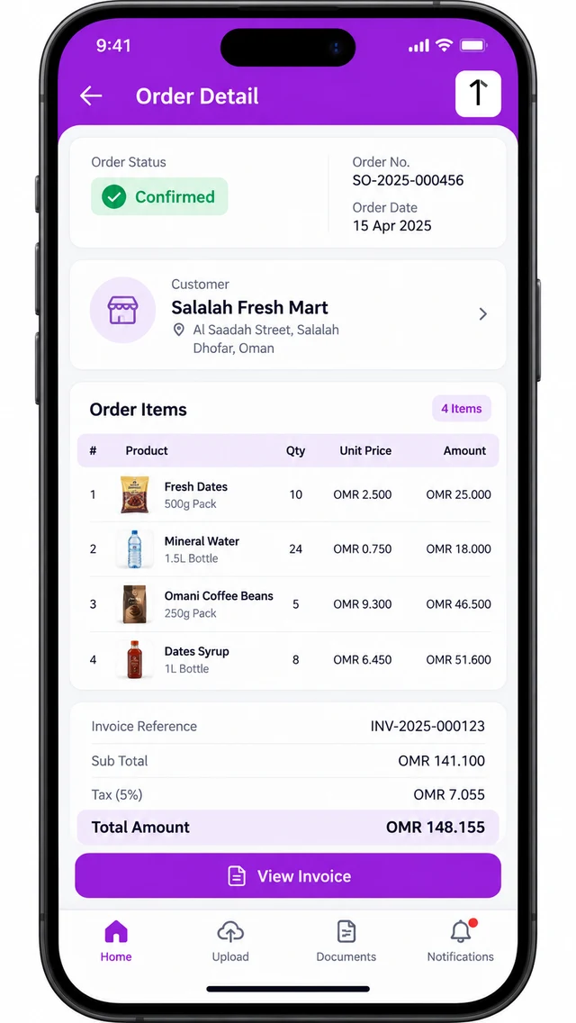 Mobile app screenshot of an order detail screen showing a confirmed order, customer name, line items, invoice reference, and total amount in OMR.
