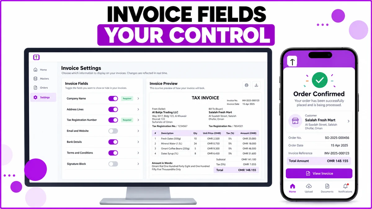 Flat illustration of a software invoice settings screen with toggle fields next to a live invoice preview, and a phone showing an order confirmation with an invoice reference.