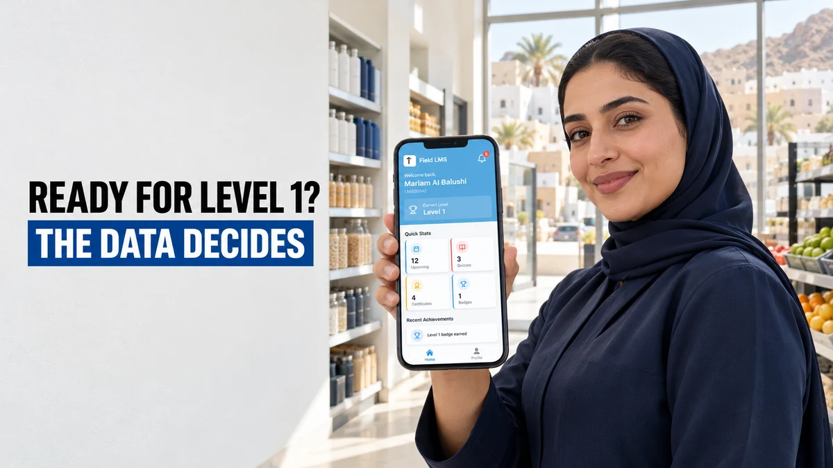 Photograph of an Omani promoter in a plain uniform in a calm Muscat supermarket aisle holding a phone that shows a Level 1 progress card, beside the headline Ready for the next level? Let the data decide.