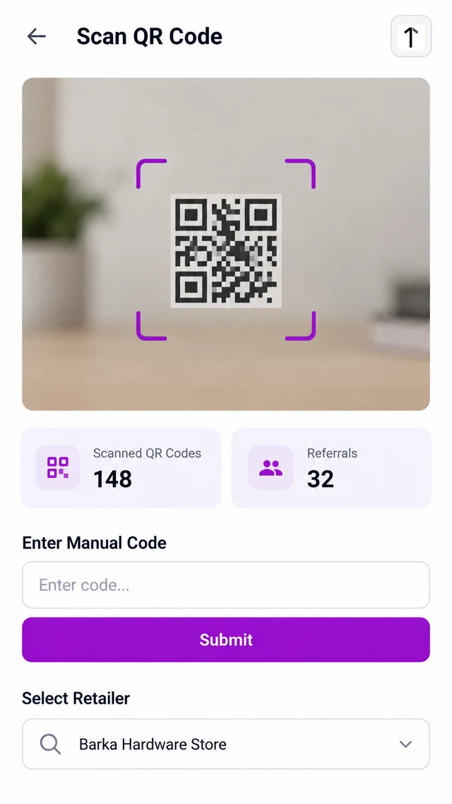 Mobile app screenshot of a Scan QR Code screen with a camera scanner, Scanned QR Codes and Referrals counters, a manual code entry field, and a Select Retailer dropdown.