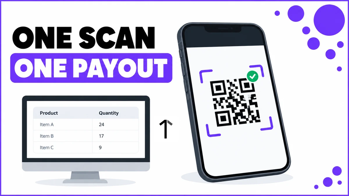 Flat illustration reading One Scan One Payout, showing a phone scanning a product QR code with a success checkmark next to a desktop screen listing products and quantities.