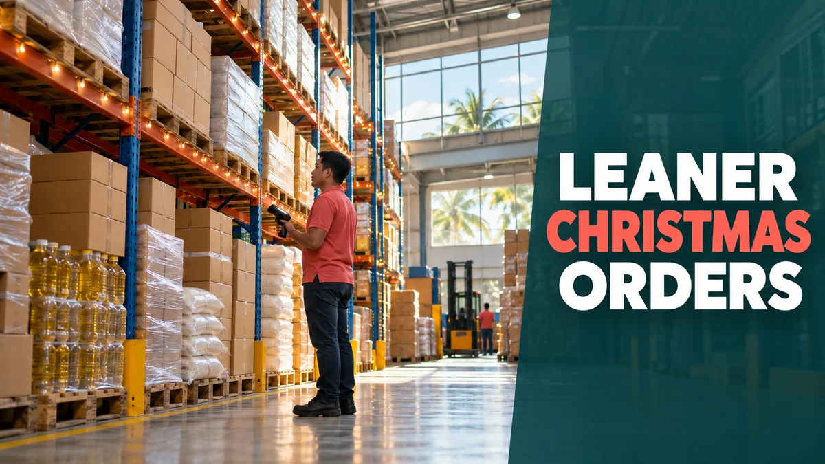 A supervisor checks stock on a handheld scanner in a Cebu distributor warehouse stacked with plain cartons, with the headline Leaner Christmas Orders