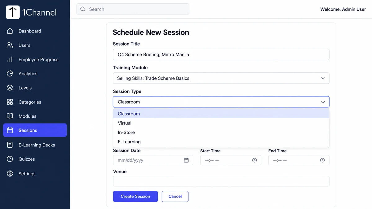 1Channel Philippines admin portal Schedule New Session form with the Session Type dropdown open showing Classroom, Virtual, In-Store and E-Learning options