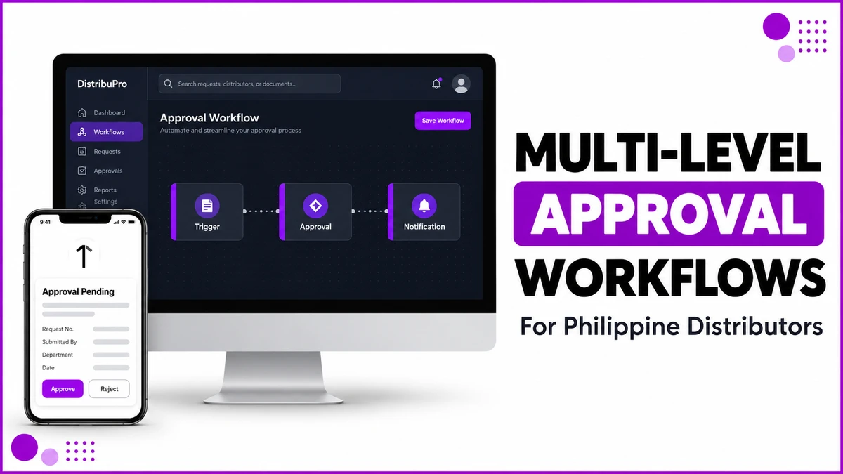 A monitor showing a workflow builder canvas with connected trigger, approval and notification nodes, next to a phone showing a pending approval, illustrating multi-level approval workflows for Philippine distributors