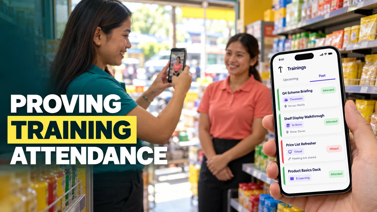 A Filipina field trainer photographing a promoter at a shelf display in a Manila convenience store while a phone in the foreground shows a training app with Attended and Missed status pills