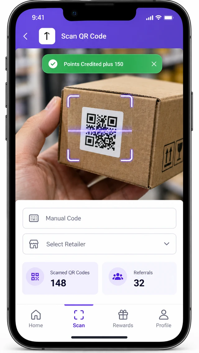 Mobile scan screen in the 1Channel Philippines partner app showing a Points Credited success toast, Manual Code and Select Retailer fields, and Scanned QR Codes and Referrals counters