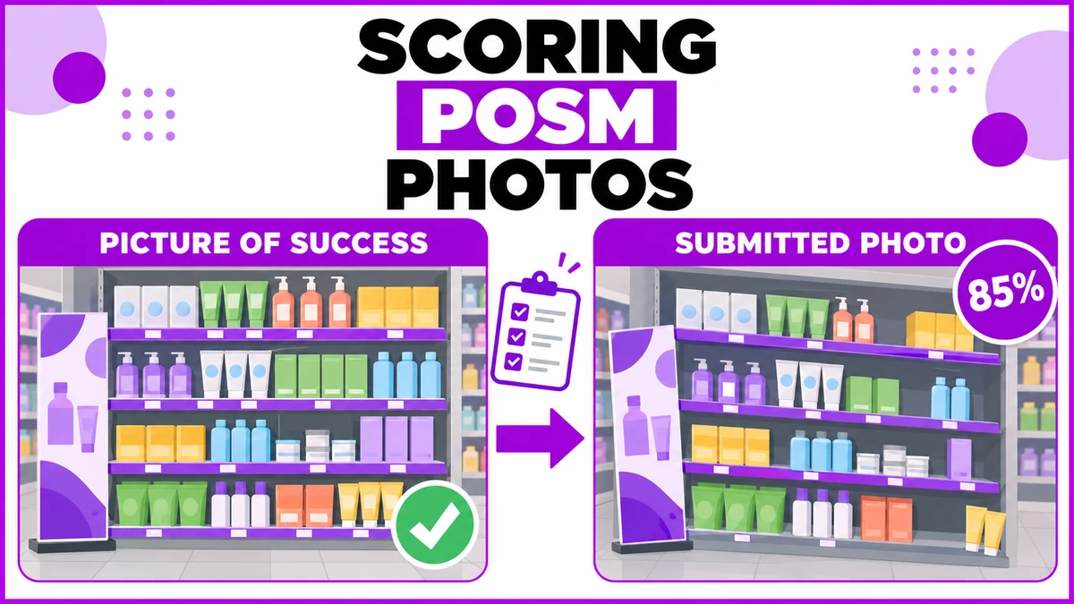 Before and after comparison of a picture of success shelf photo and a submitted store photo with an 85 percent score badge, illustrating POSM campaign photo scoring for Philippine merchandising auditors