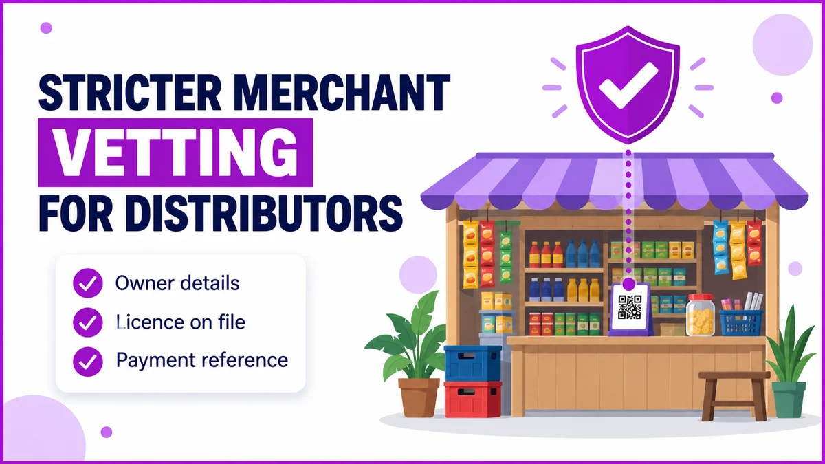 Illustration of a sari-sari store with a QR payment stand and a verification shield, showing stricter merchant vetting for distributors in the Philippines