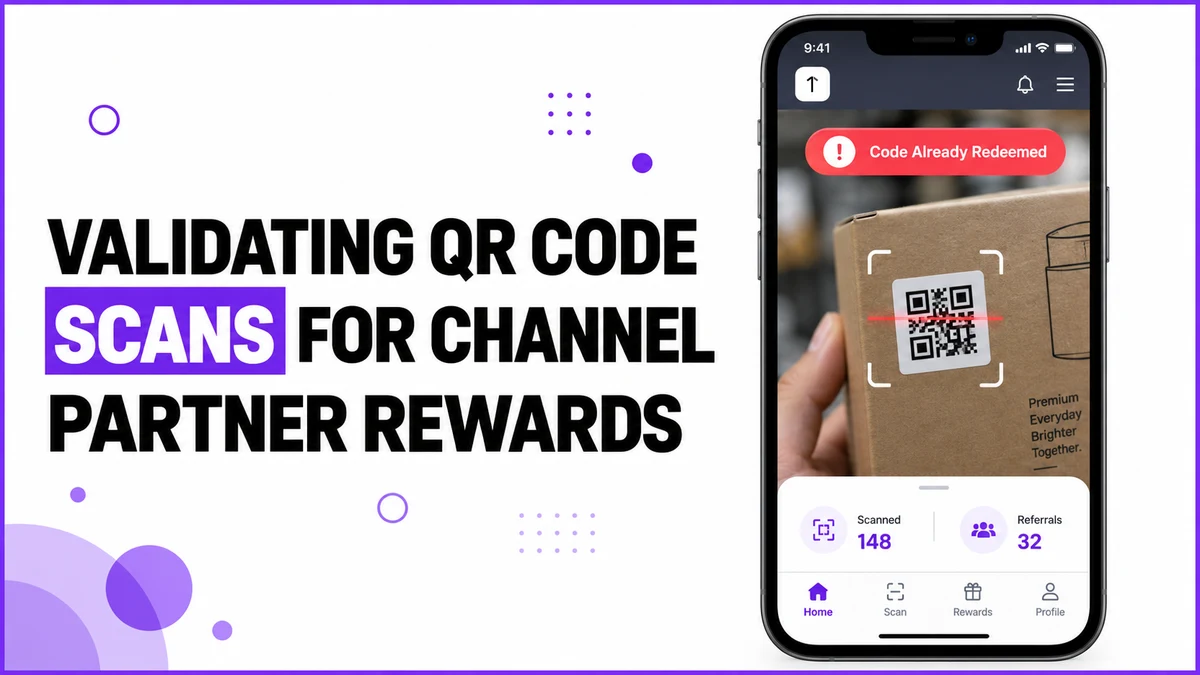 A smartphone showing a QR scanner screen with a Code Already Redeemed rejection toast while scanning a product box, illustrating QR code scan validation for Philippine channel partner rewards