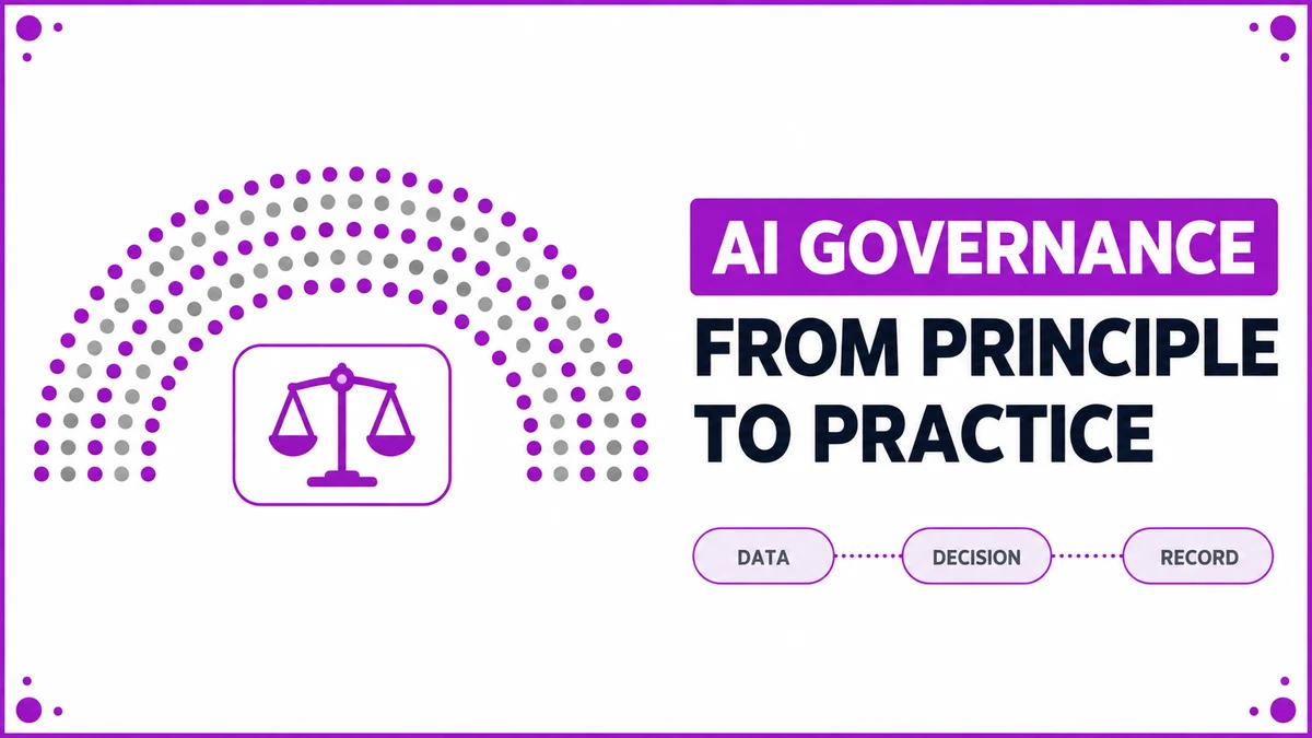 Illustration of AI governance principles turning into traceable data, decision and record steps for distribution teams in Saudi Arabia