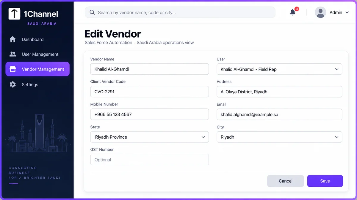 Edit Vendor form screen in the 1Channel Saudi Arabia admin portal with vendor details filled in