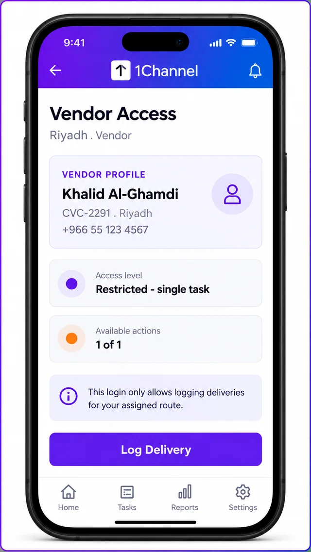 Vendor Access mobile app screen in the 1Channel field app showing restricted single-task access for a Saudi Arabia vendor