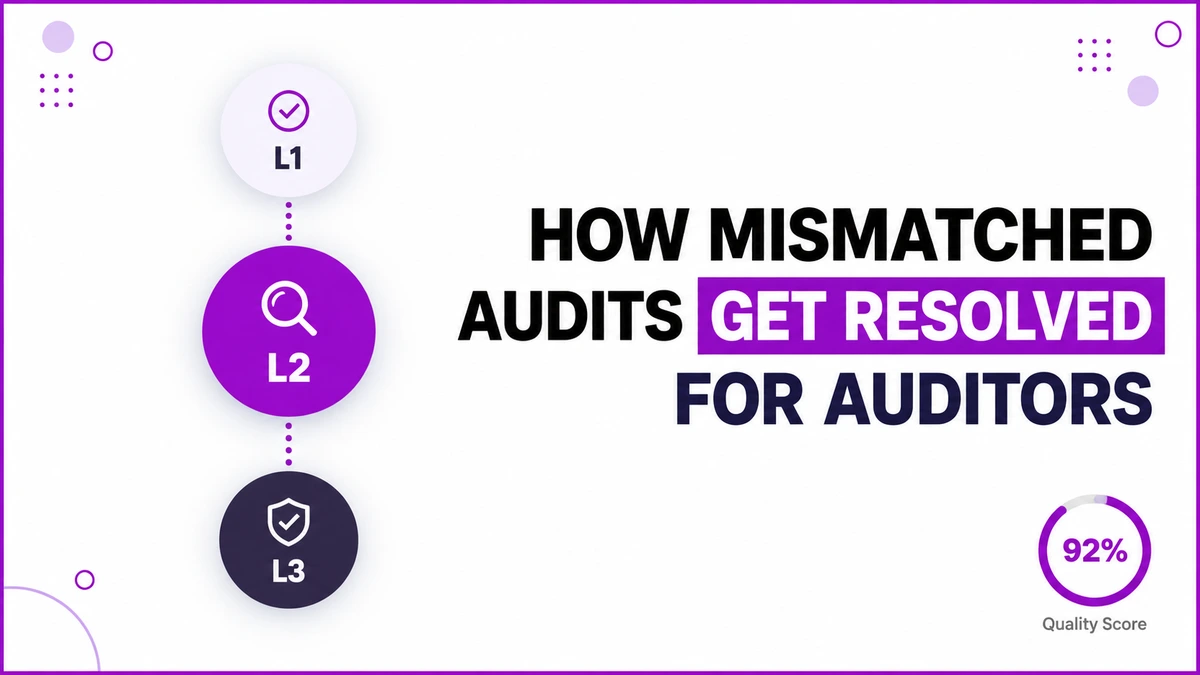 Three-tier audit recheck flow for retail merchandising auditors in Saudi Arabia, showing an L1 field audit, a blind L2 recheck, and a supervisor L3 tie-break with a monthly quality score gauge