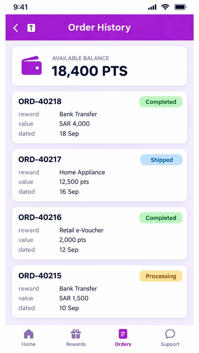 Order History screen in the 1Channel loyalty mobile app showing a partner's points balance and four redemption orders with their current statuses