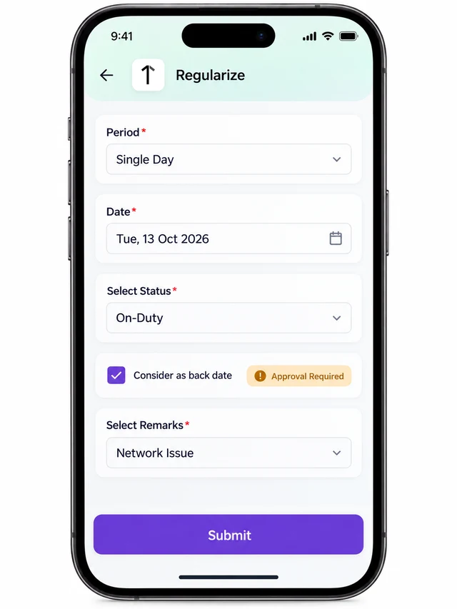 1Channel SFA mobile app attendance correction form for a Saudi field sales rep showing a single-day period, On-Duty status and a remark pick-list