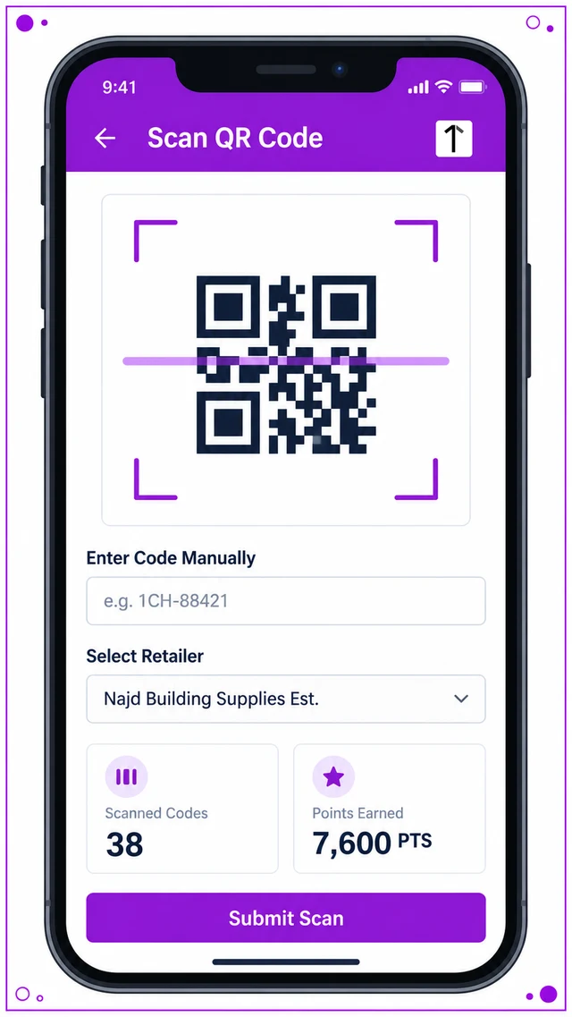 QR scan screen in the 1Channel partner app showing the in-app scanner, a manual code entry fallback and the scanned code count