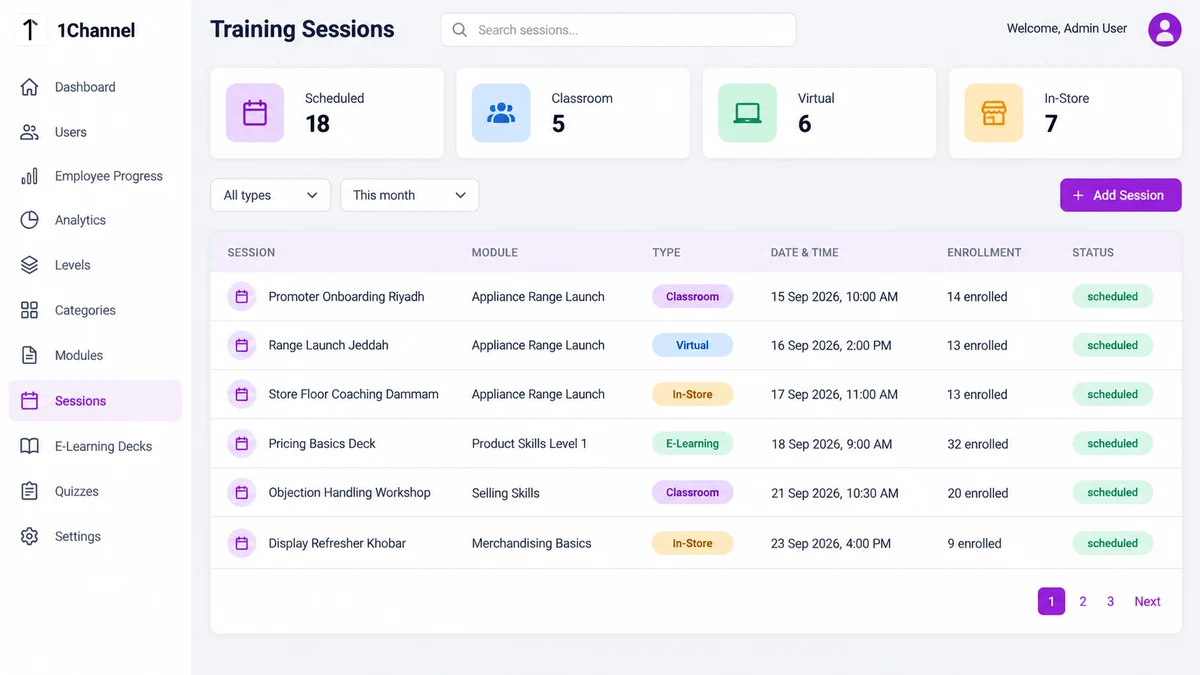 Training Sessions list in the 1Channel LMS admin portal showing classroom, virtual, in-store and e-learning session type badges with dates and enrolment counts