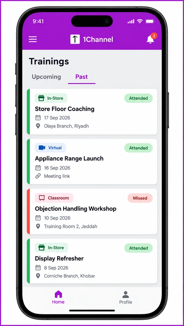 Past trainings tab in the 1Channel LMS mobile app showing attended and missed status pills beside in-store, virtual and classroom session badges