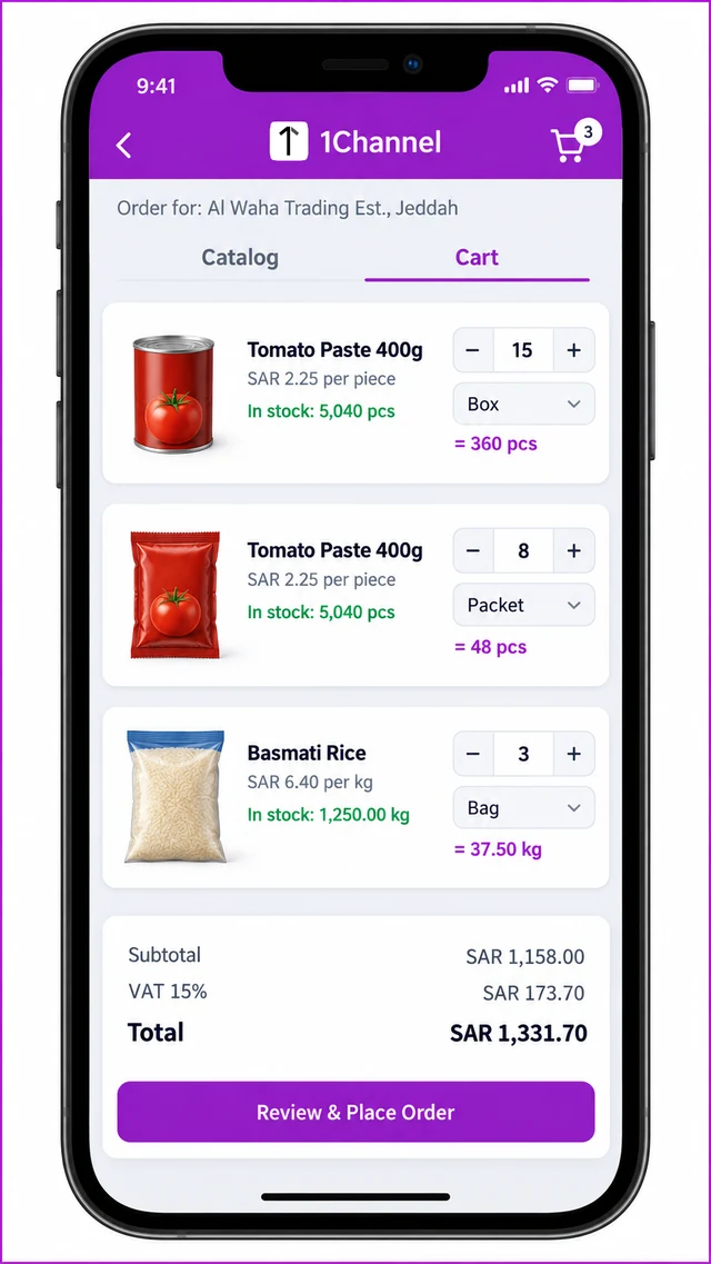 Order cart in the 1Channel DMS mobile app showing quantities entered in boxes and packets with the price per unit and live stock