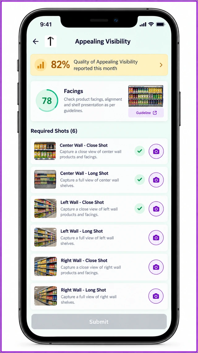 Appealing Visibility wall shot capture screen in the 1Channel mobile app, showing Center, Left and Right Wall close and long shot camera icons an auditor uses to submit shelf photos