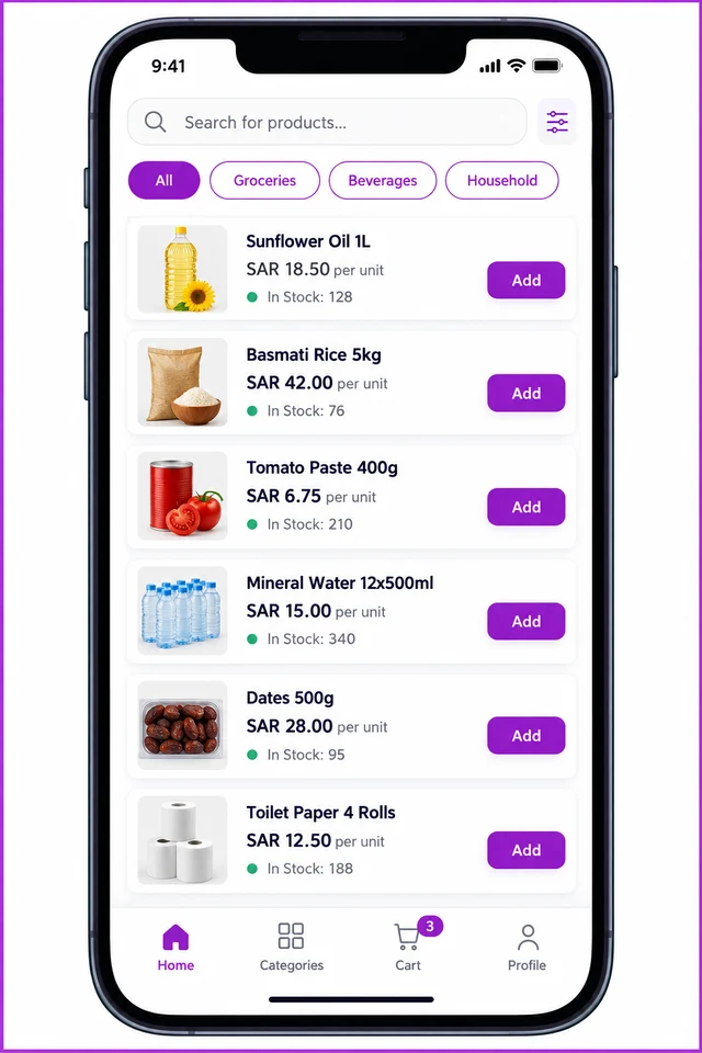 Mobile catalog screen in the 1Channel field app showing a resolved SAR price per unit and live stock for each SKU