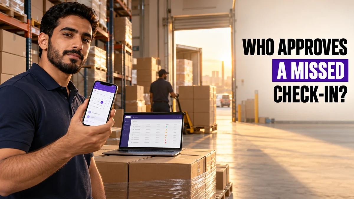A Saudi field sales rep reviewing a missed attendance request on a phone in a Riyadh hypermarket stockroom, with the approval screen beside them
