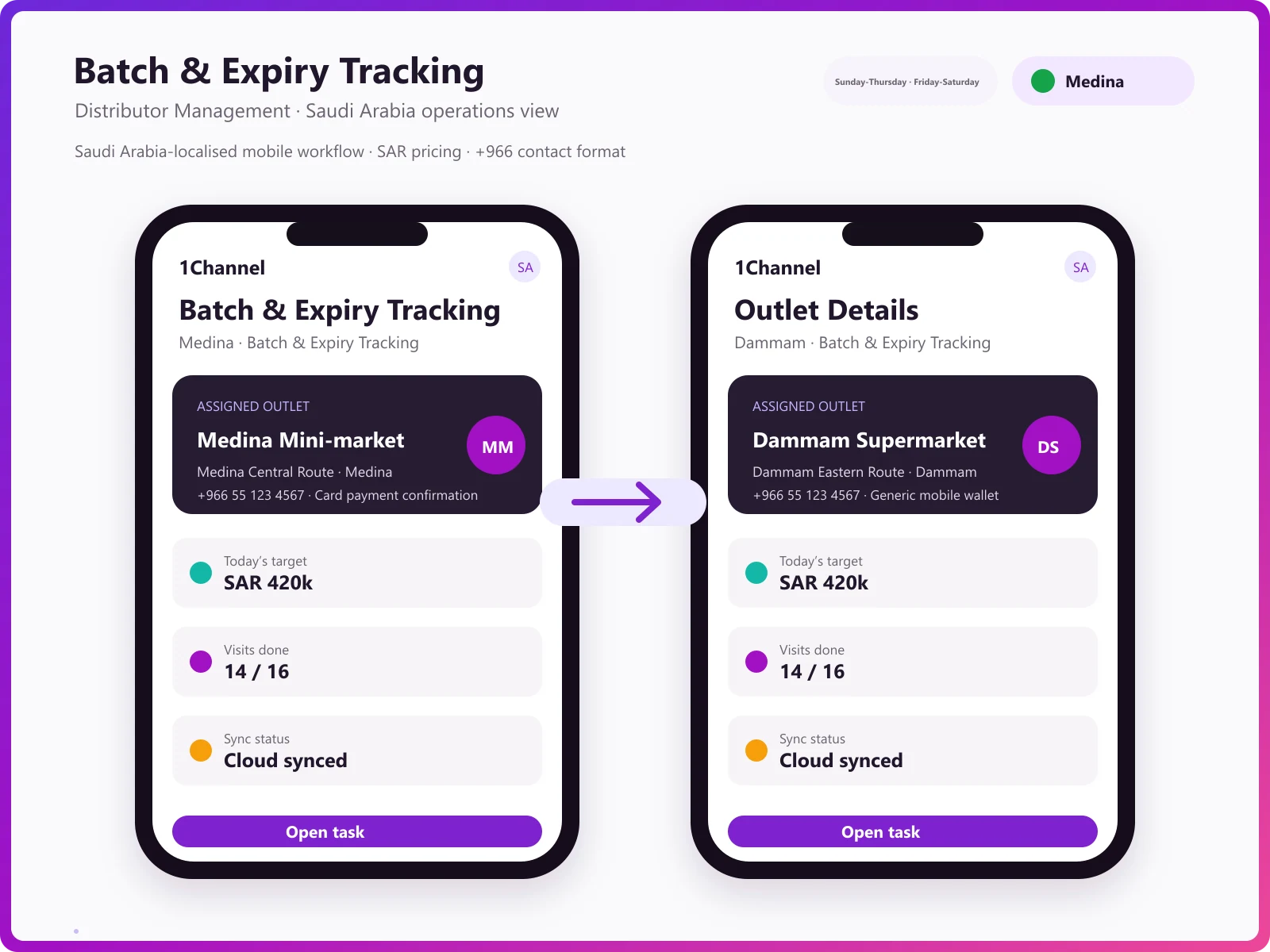 Batch management mobile app showing batch-level inventory, expiry dates, and stock allocation status