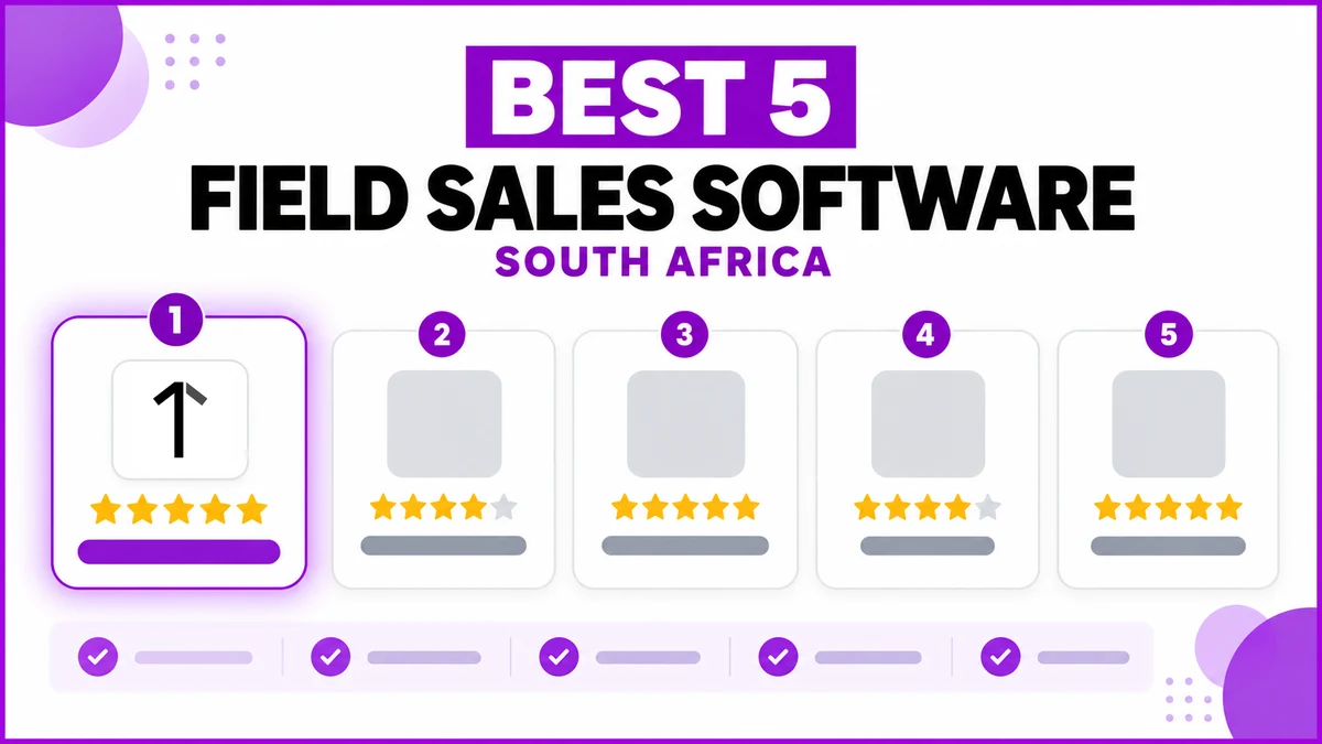 Flat illustration of five ranked field sales software rating cards with star ratings under a Best 5 Field Sales Software South Africa headline.