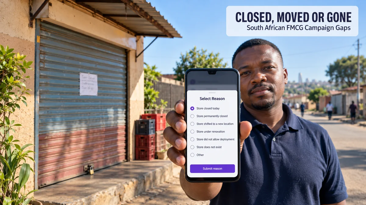 Field merchandiser outside a closed spaza shop in Johannesburg, holding a phone that shows a Select Reason list for a missed campaign visit.