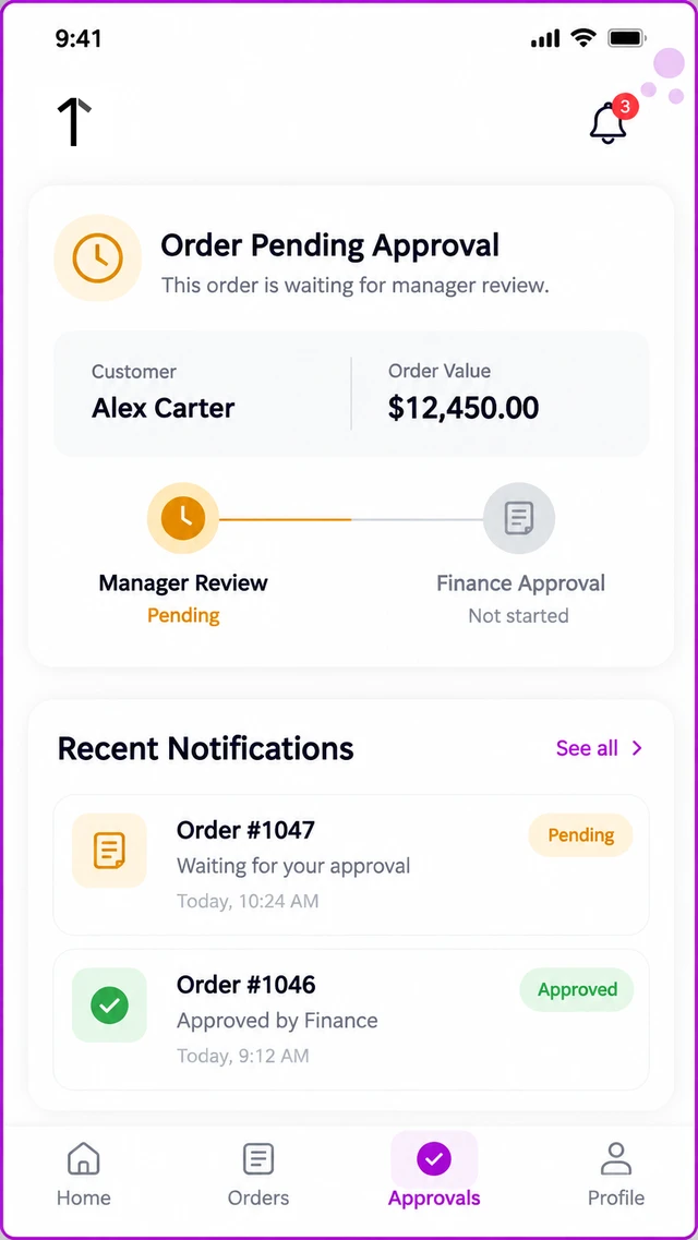 Mobile app screenshot showing an order pending manager approval, with a two-step approval progress tracker and recent notification cards.