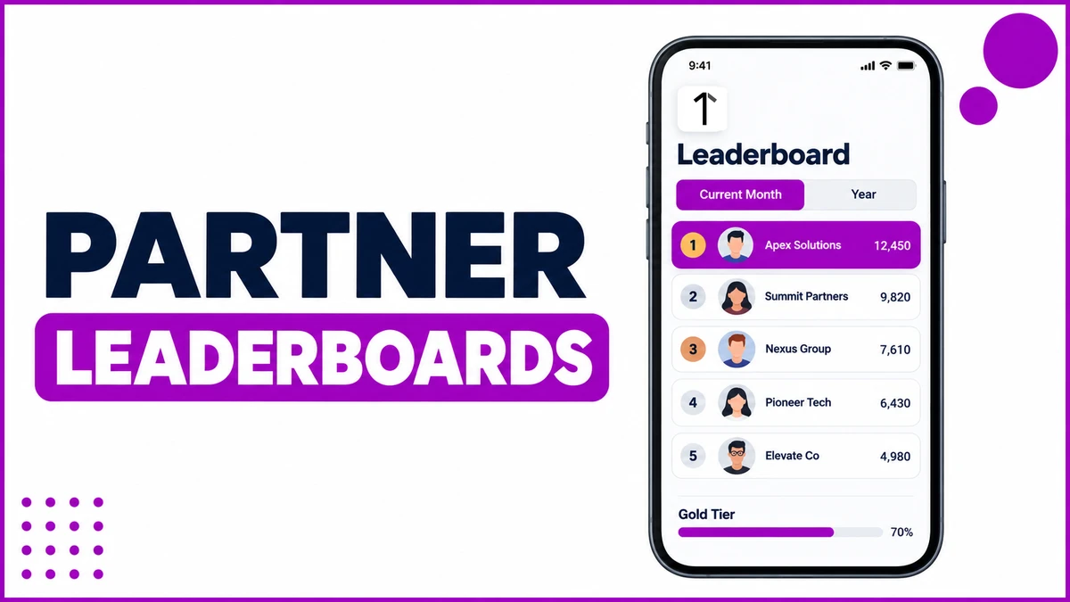 Flat illustration showing a loyalty-program mobile app leaderboard screen with ranked partners, points, and a Gold Tier progress bar.