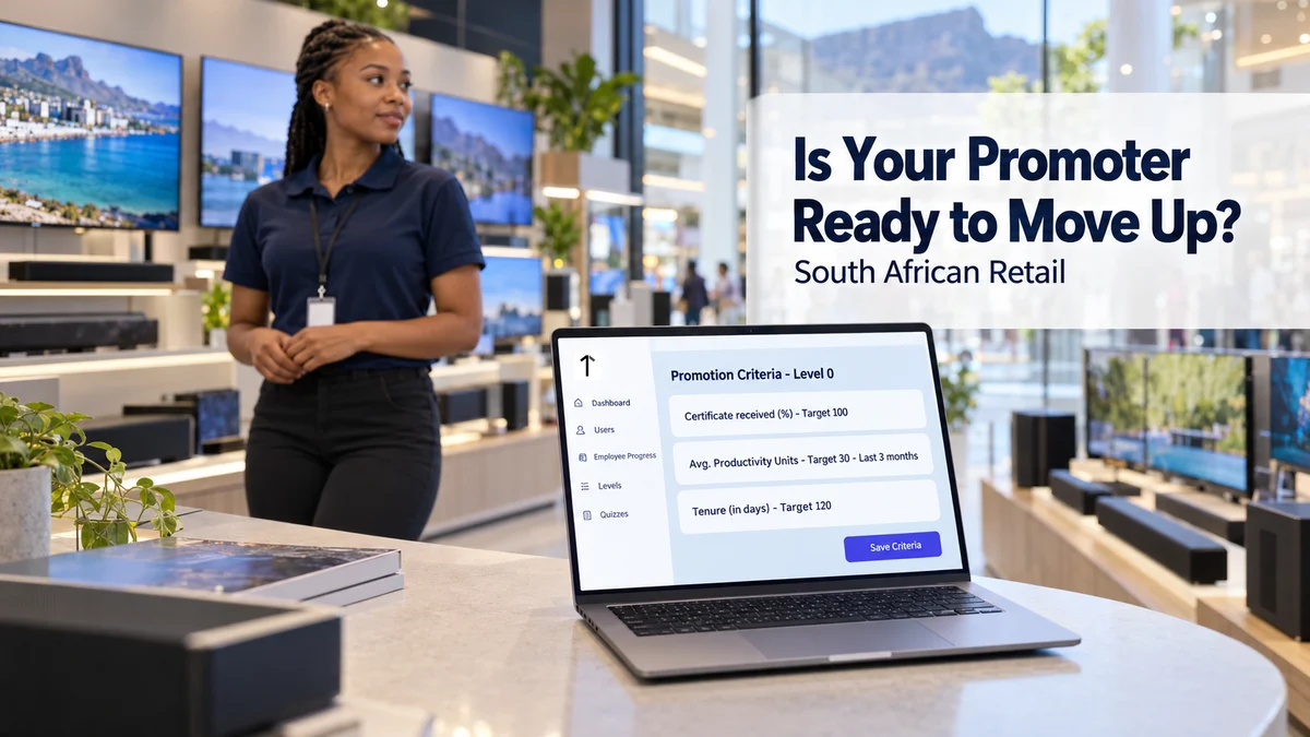 Electronics promoter in a Cape Town mall store beside a laptop showing promotion criteria for Level 0 in a training admin portal.