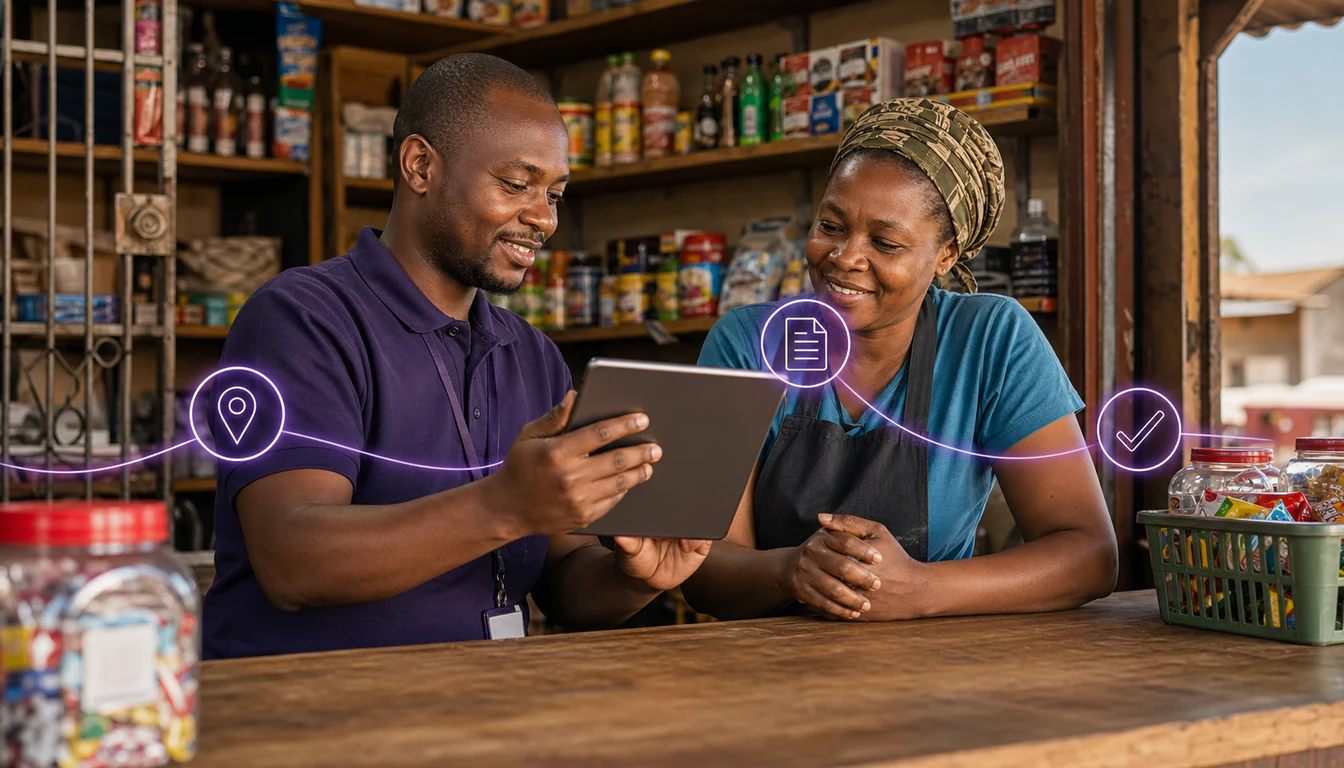 A field rep and a township spaza shop owner capture store details and a municipal permit on a tablet at the counter