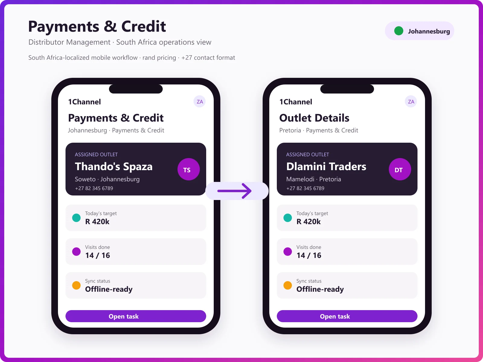 Payment management software mobile app showing outstanding balances, payment recording, and credit status