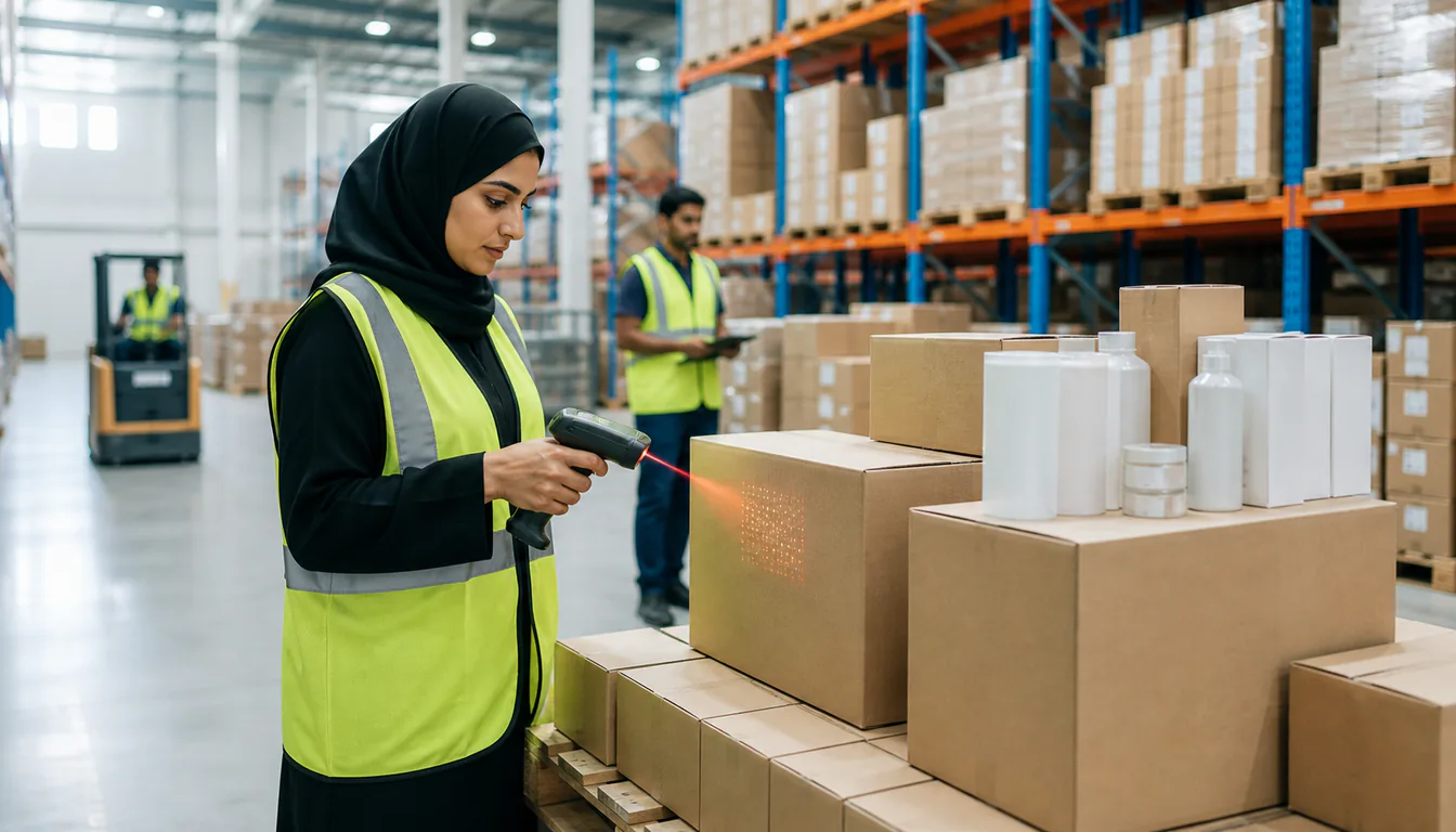 Warehouse worker scanning GS1-barcoded cartons showing batch numbers and expiry dates in a UAE distribution warehouse near Jebel Ali Port
